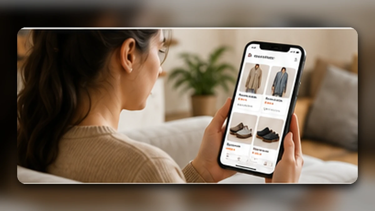 Una donna consulta da casa il catalogo M-AllMyCity sullo smartphone