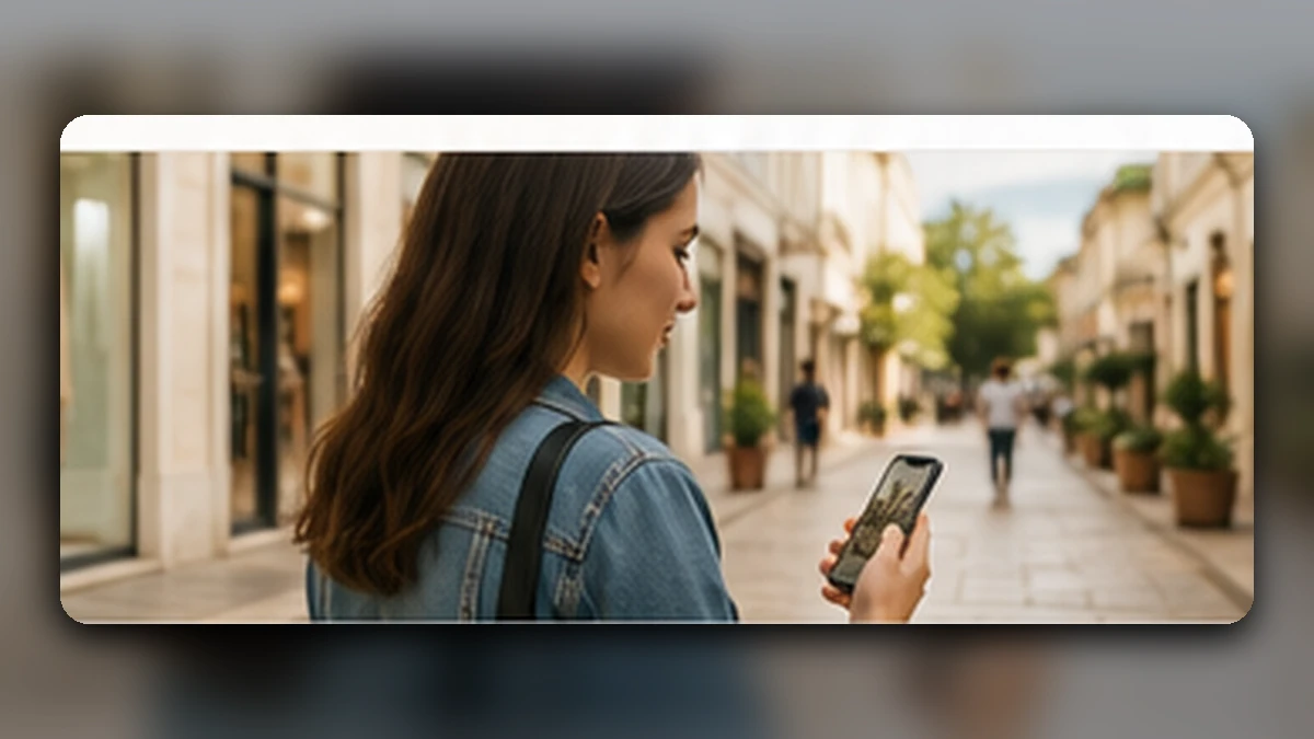 Una persona attraversa una via commerciale consultando M-AllMyCity sullo smartphone