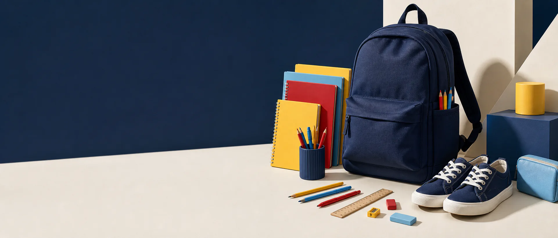 Zaino con quaderni, matite e accessori per il ritorno a scuola.