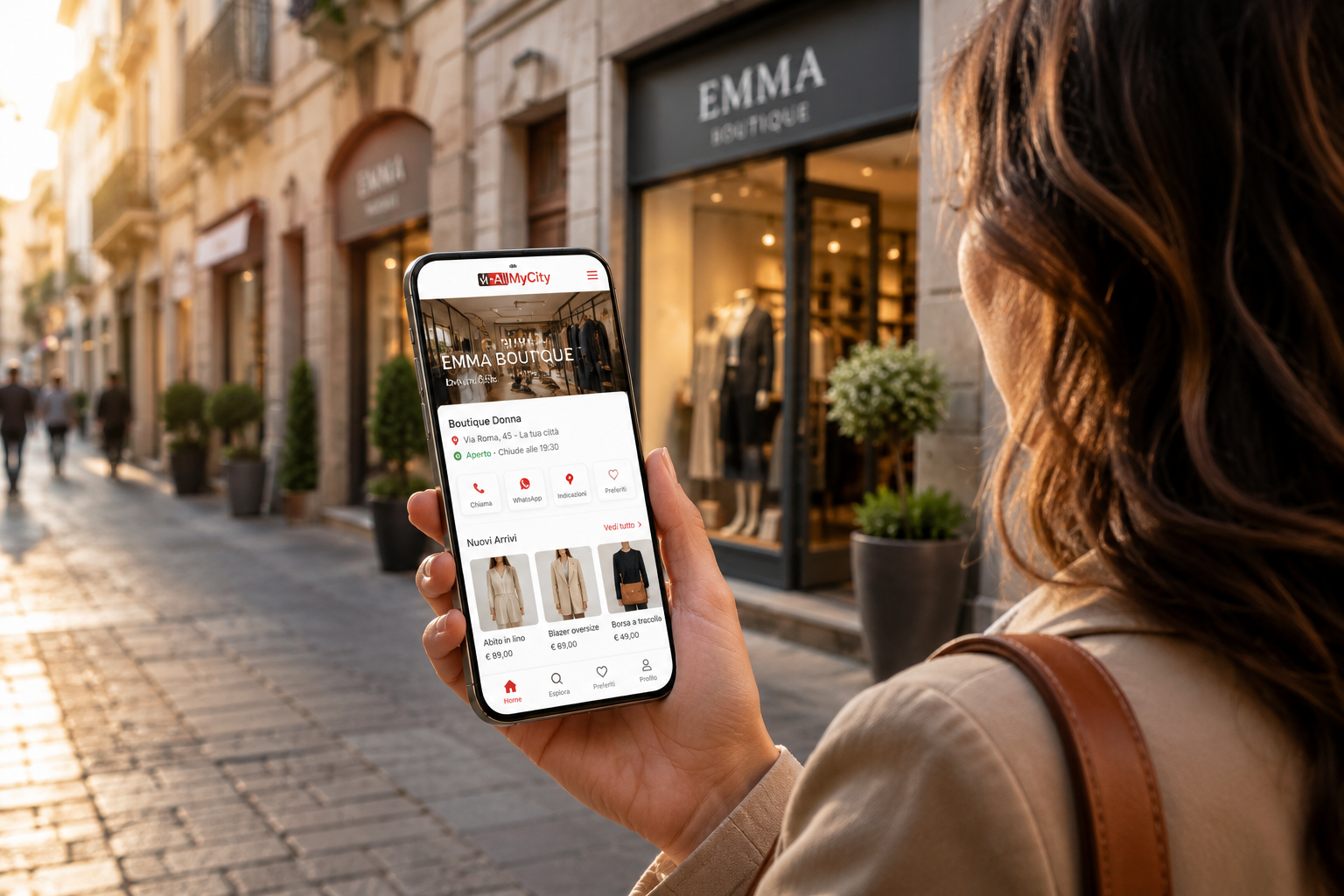 Persona davanti a una boutique che osserva una pagina M-AllMyCity sullo smartphone