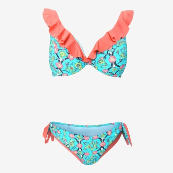 Bikini Bernè donna fantasia floreale con volant corallo