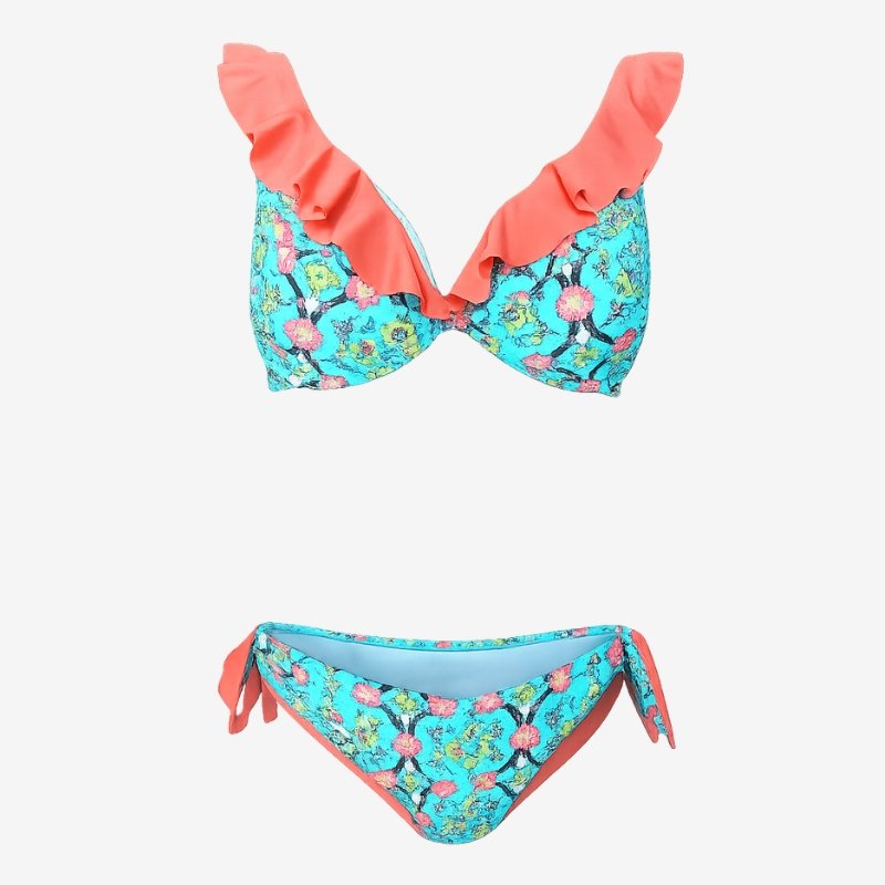Bikini Bernè donna fantasia floreale con volant corallo